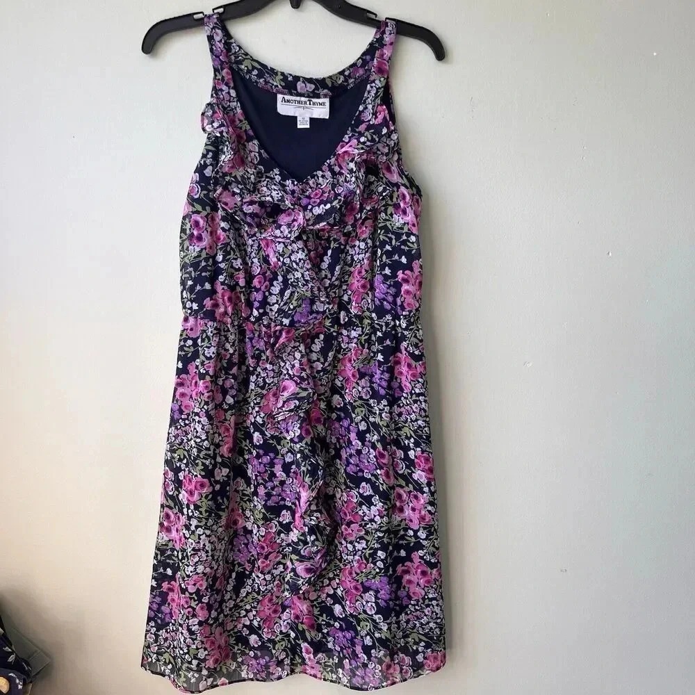 ANOTHER THYME Floral V-neck Ruffle Front Black Pink Floral Lined Dress 10